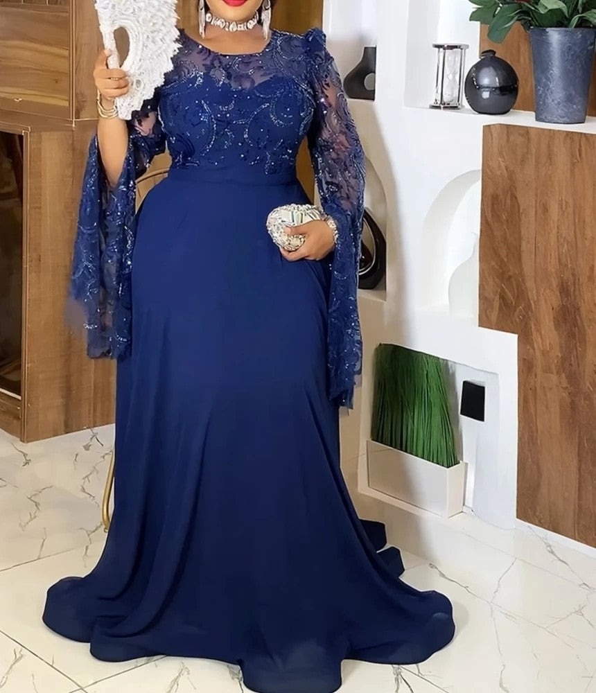 Robe longue en dentelle pour femmes africaines, grande taille, manches longues cloche, robe brodée à paillettes de luxe pour mariages, gala