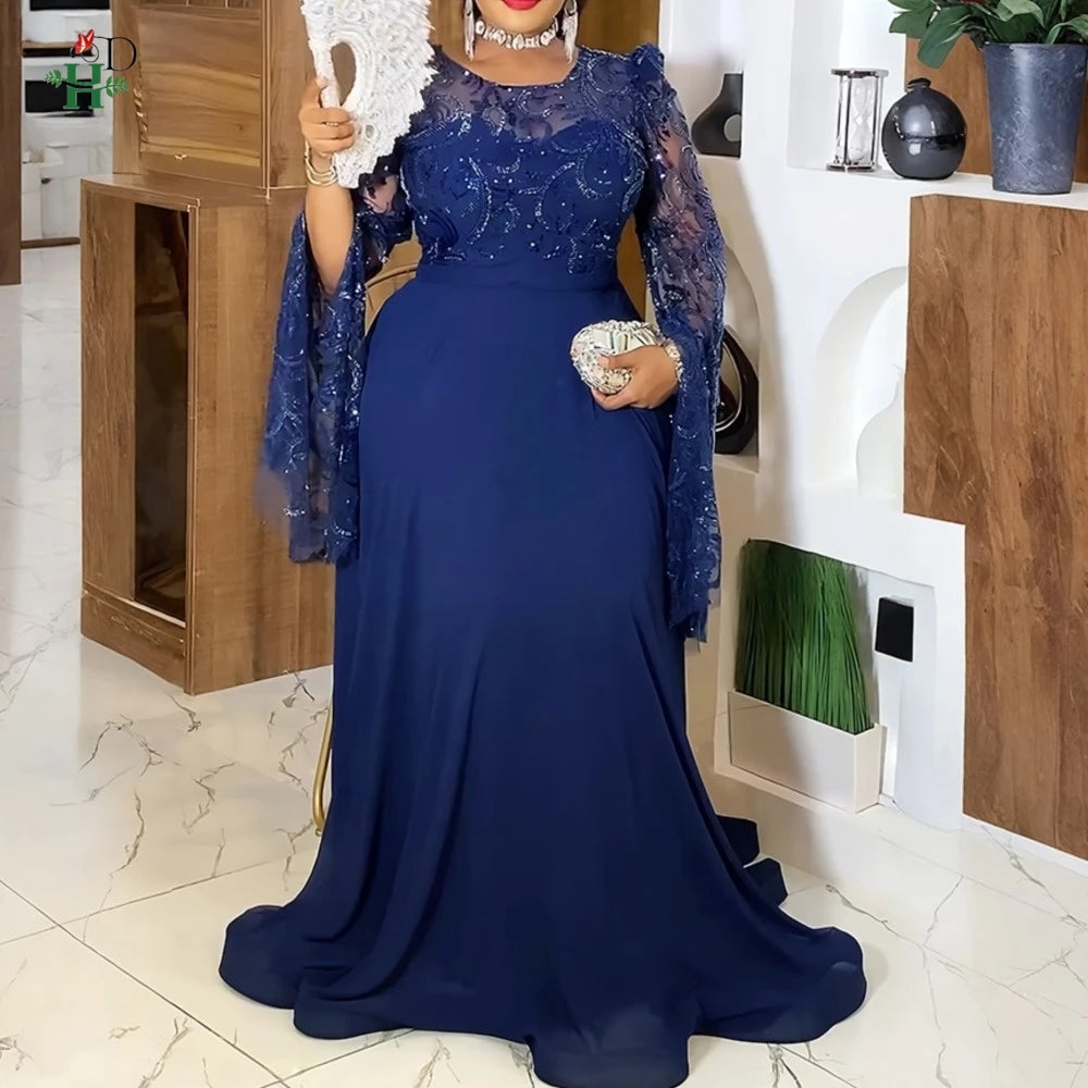 Robe longue en dentelle pour femmes africaines, grande taille, manches longues cloche, robe brodée à paillettes de luxe pour mariages, gala