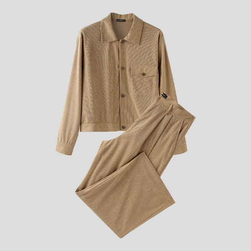Hommes ensembles velours côtelé couleur unie revers manches longues vestes et pantalons deux pièces ensembles