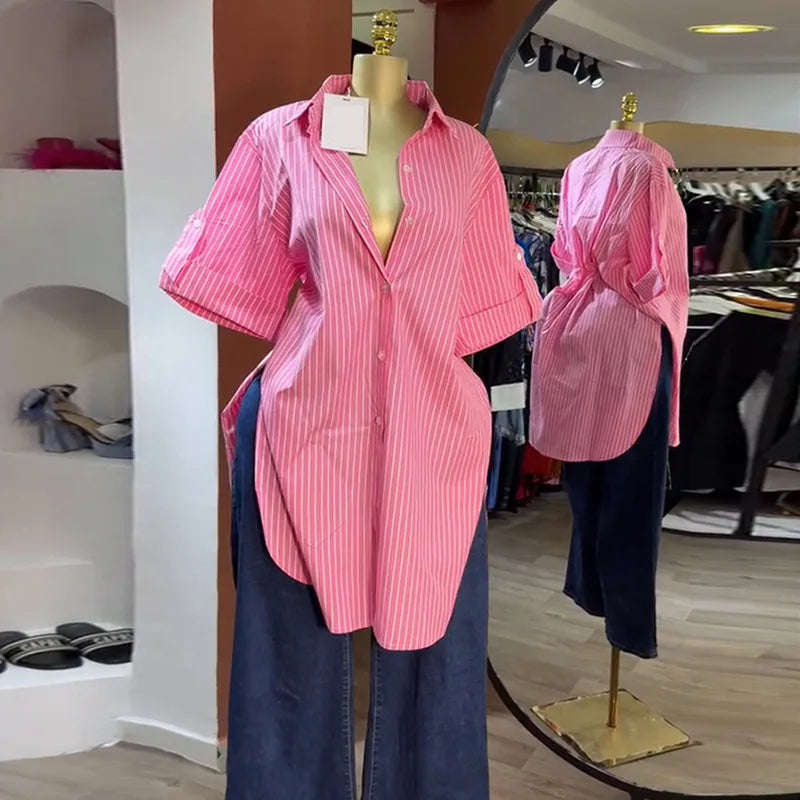 Blouse chemise  automne femmes demi manches simple boutonnage rayé imprimé