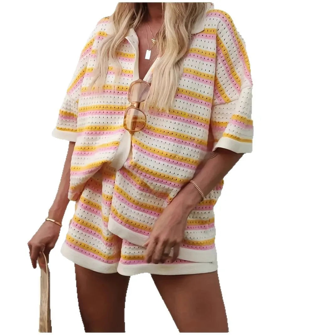 Femmes ensemble d'été nouveau col ample creux mode rayé simple boutonnage  blouse