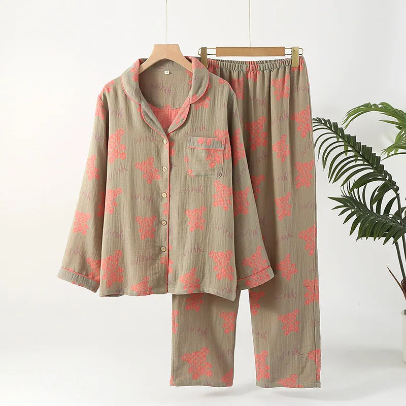 Pyjama rétro Double couche en pur coton pour femmes, ensemble deux pièces à manches longues, vêtements de maison, vêtements de nuit nouvelle collection 2026