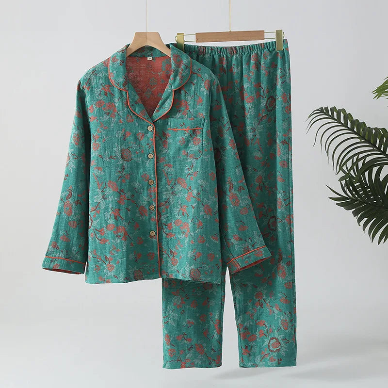 Pyjama rétro Double couche en pur coton pour femmes, ensemble deux pièces à manches longues, vêtements de maison, vêtements de nuit nouvelle collection 2026