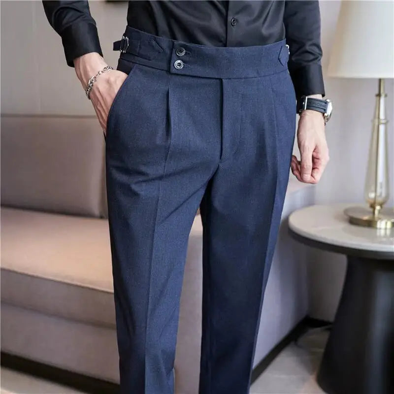 Style britannique hommes taille haute tenue décontractée pantalon hommes ceinture conception mince pantalon formel bureau Social robe de soirée de mariage costume pantalon
