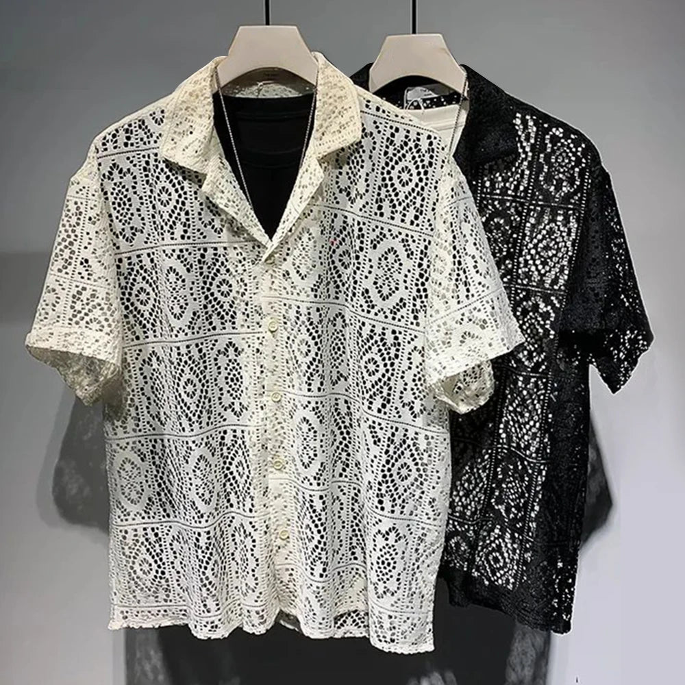Chemise en dentelle transparente creuse à manches courtes pour hommes, chemise décontractée unisexe, mode sans sexe, lettres de qualité, rétro, sexy, nouveau, 2024
