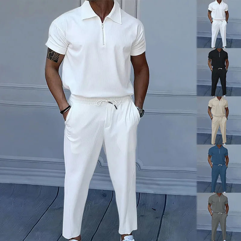 Ensemble pour hommes  couleur unie, revers, manches courtes, fermeture éclair, pantalon, nouvelle collection 2026