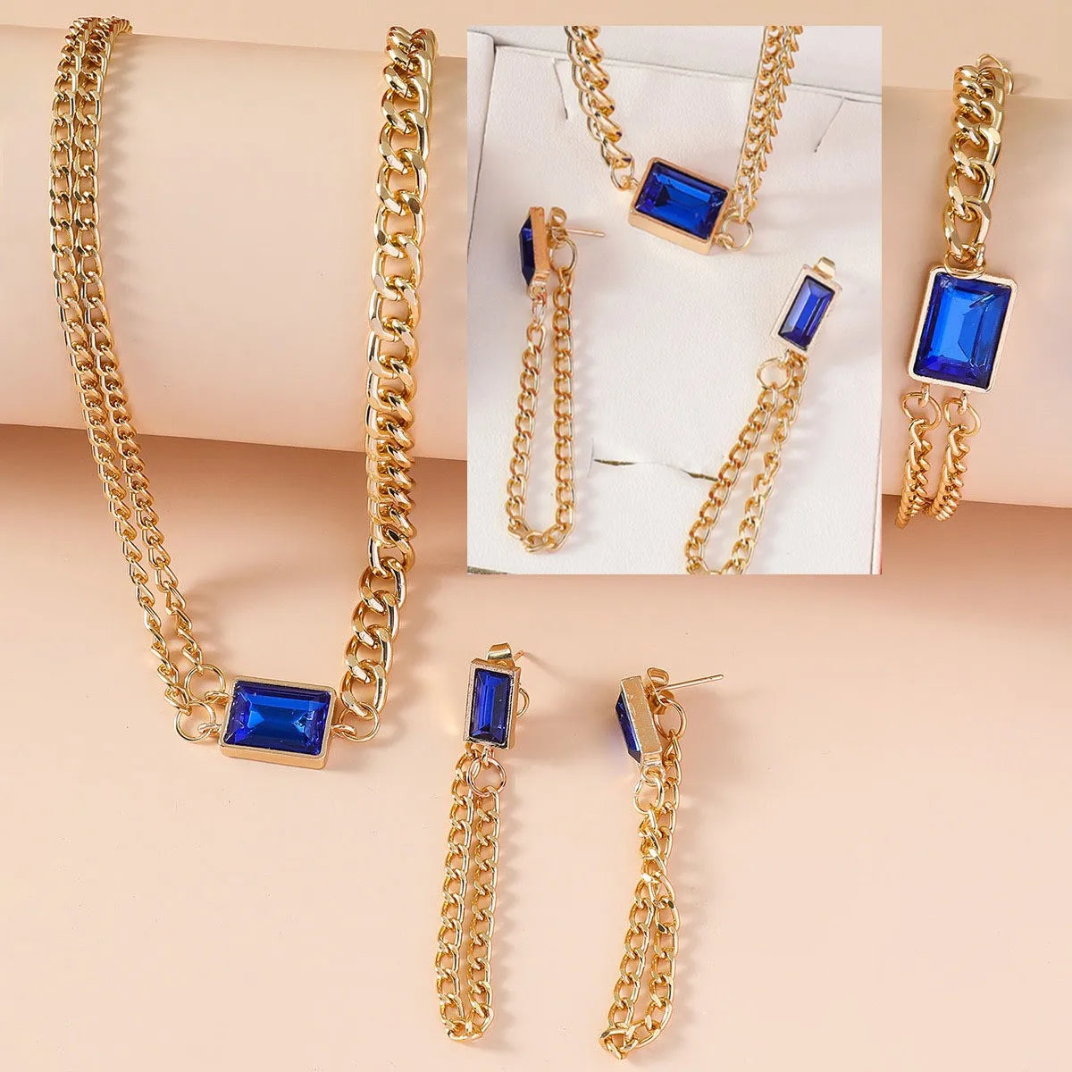 coffret cadeau ; Ensemble de diamants populaires, polyvalent, petit cadran, montre à quartz pour femmes, ensemble de bijoux en cristal de 4 pièces