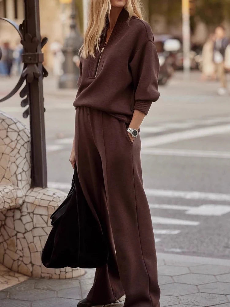 Ensemble pour femmes Vintage décontracté couleur unie trajet mode à manches longues pull et pantalo