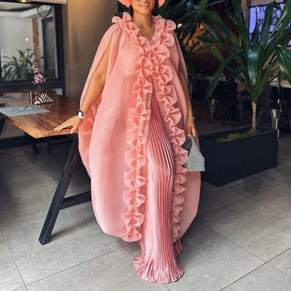Ensemble deux pièces  élégant à volants, sans manches, Cape caftan ample, taille haute, jambes larges, pantalon plissé, nouveau2026