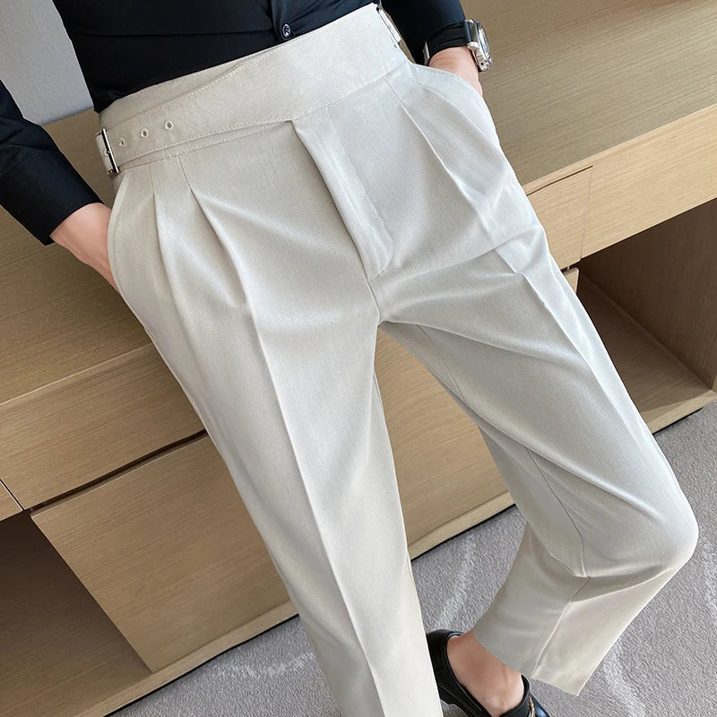 Style britannique hommes taille haute tenue décontractée pantalon hommes ceinture conception mince pantalon formel bureau Social robe de soirée de mariage costume pantalon