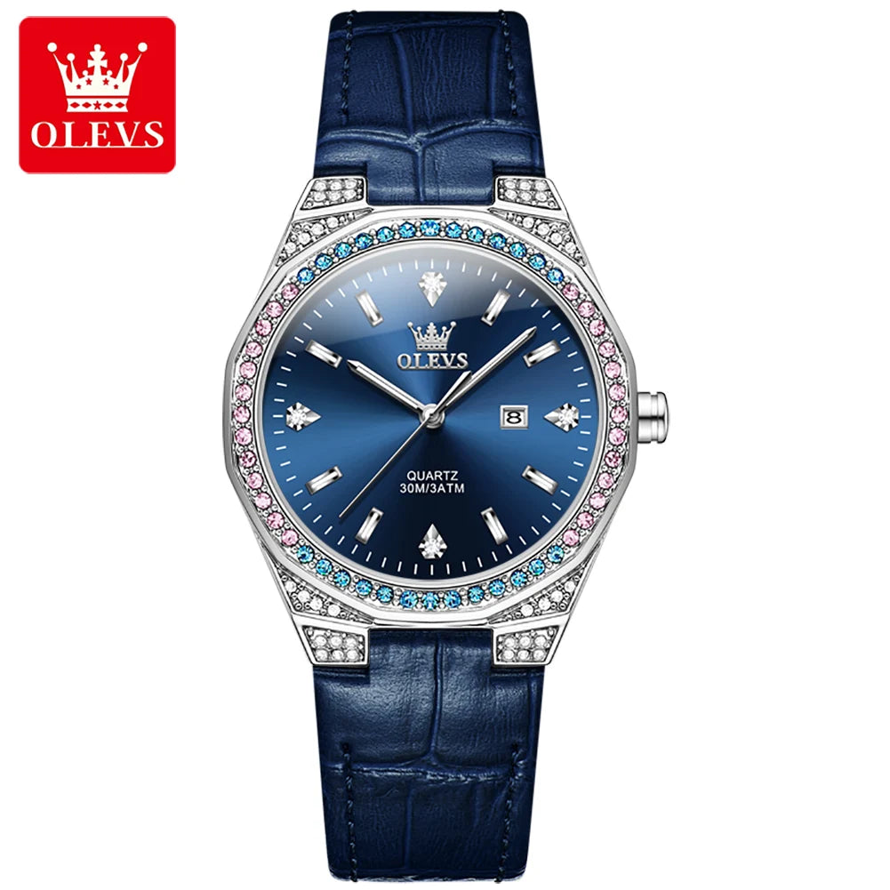 OLEVS Original femmes montres diamant tour mode bracelet en cuir 3m étanche lumineux dames montre-bracelet montre à Quartz pour les femmes