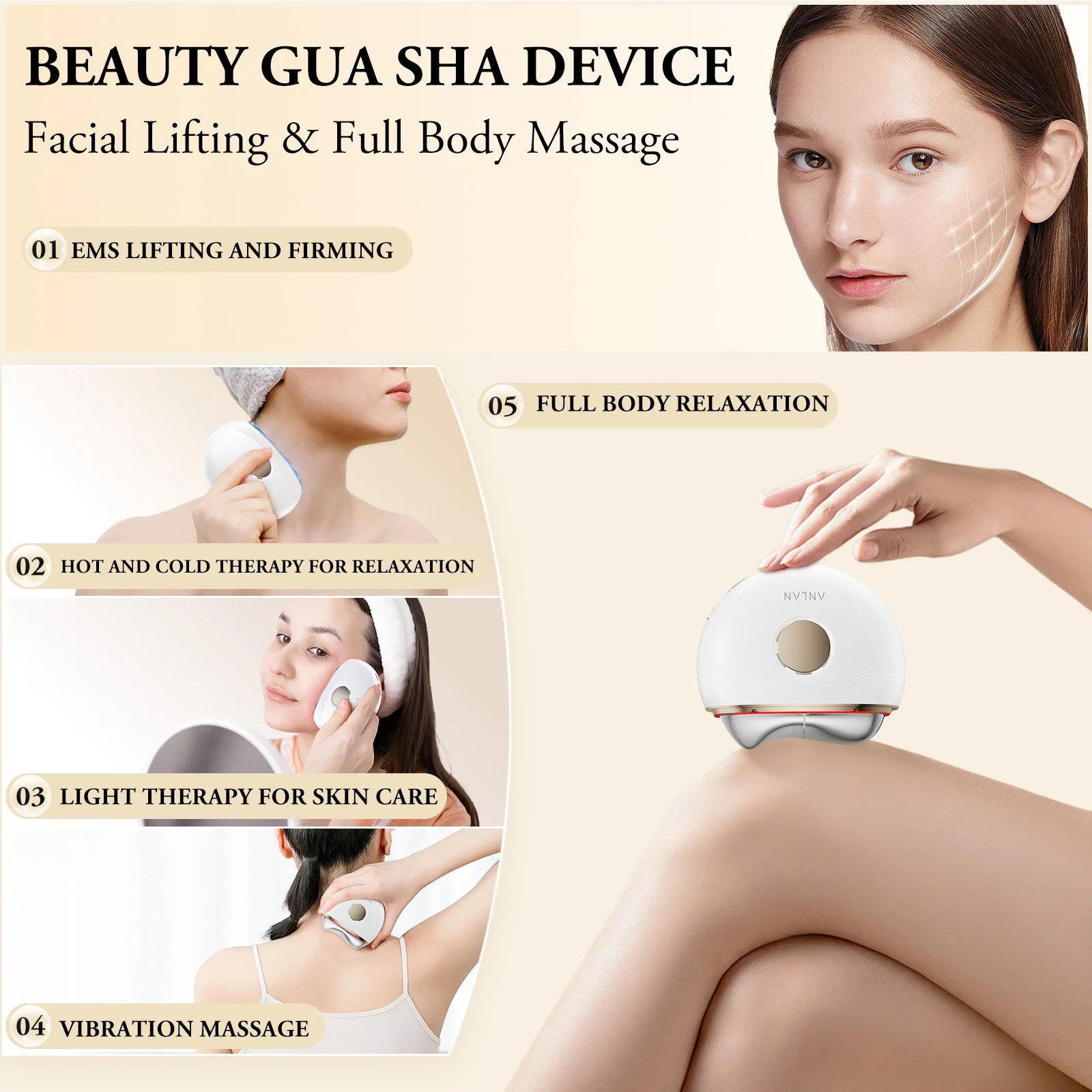 ANLAN Masseur électrique Gua Sha Lifting du visage EMS anti-âge Suppression des œdèmes Raffermissement de la peau Rafraîchissement thermique Appareil de soin et de beauté