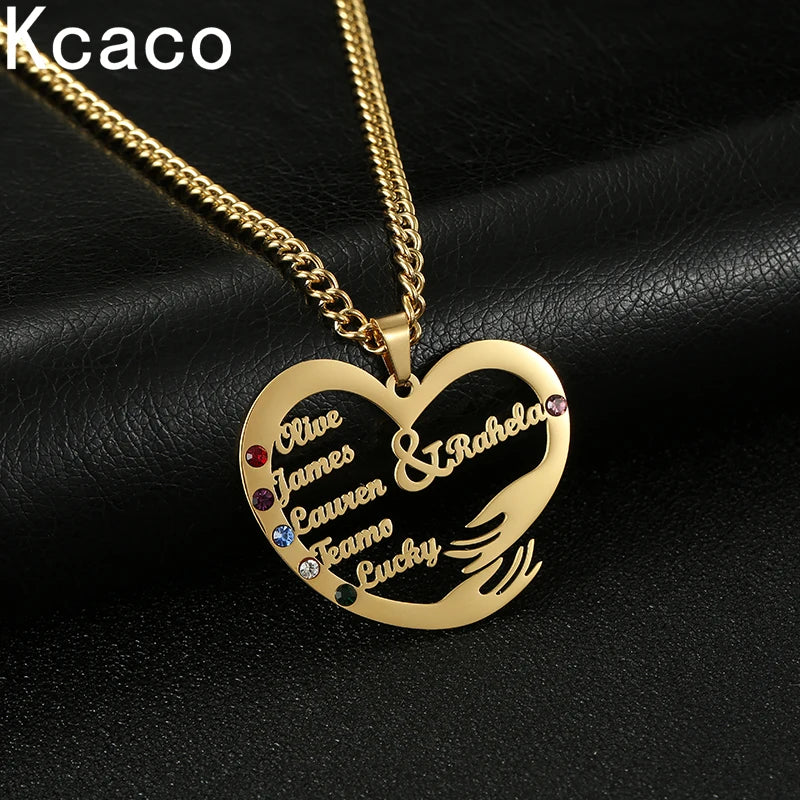 Collier personnalisé avec noms de famille, pendentif personnalisé en acier inoxydable avec chaîne cubaine de 3mm, pierre de naissance, cœur, câlin à la main, arbre de vie