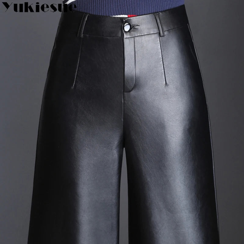 Pantalon capri en cuir PU pour femme, pantalon à jambes larges, pantalon droit, hiver, automne