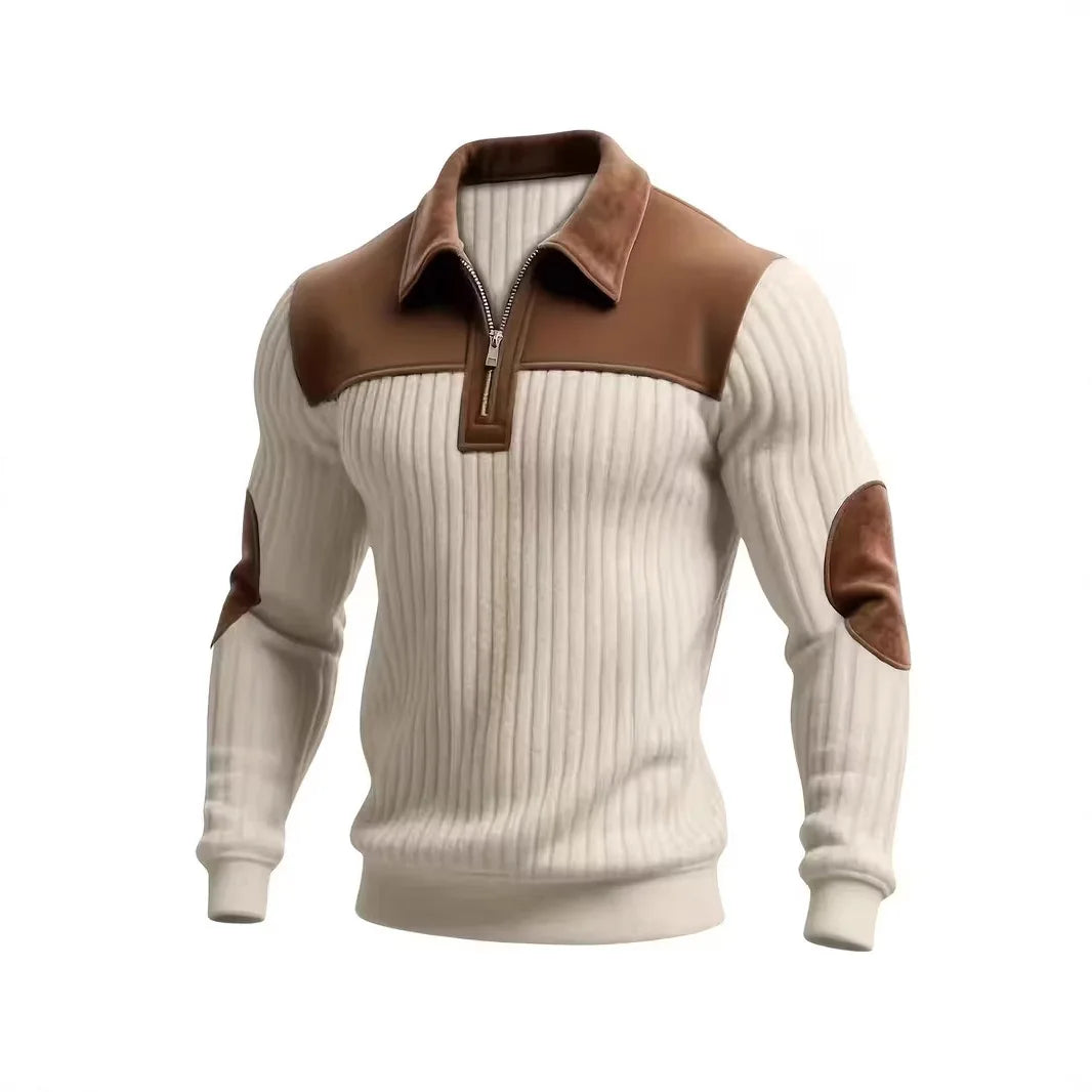 Pull à fermeture éclair pour hommes, bloc de couleurs, tricoté, décontracté, haute  manches longues, mode automne hiver, Style ajusté