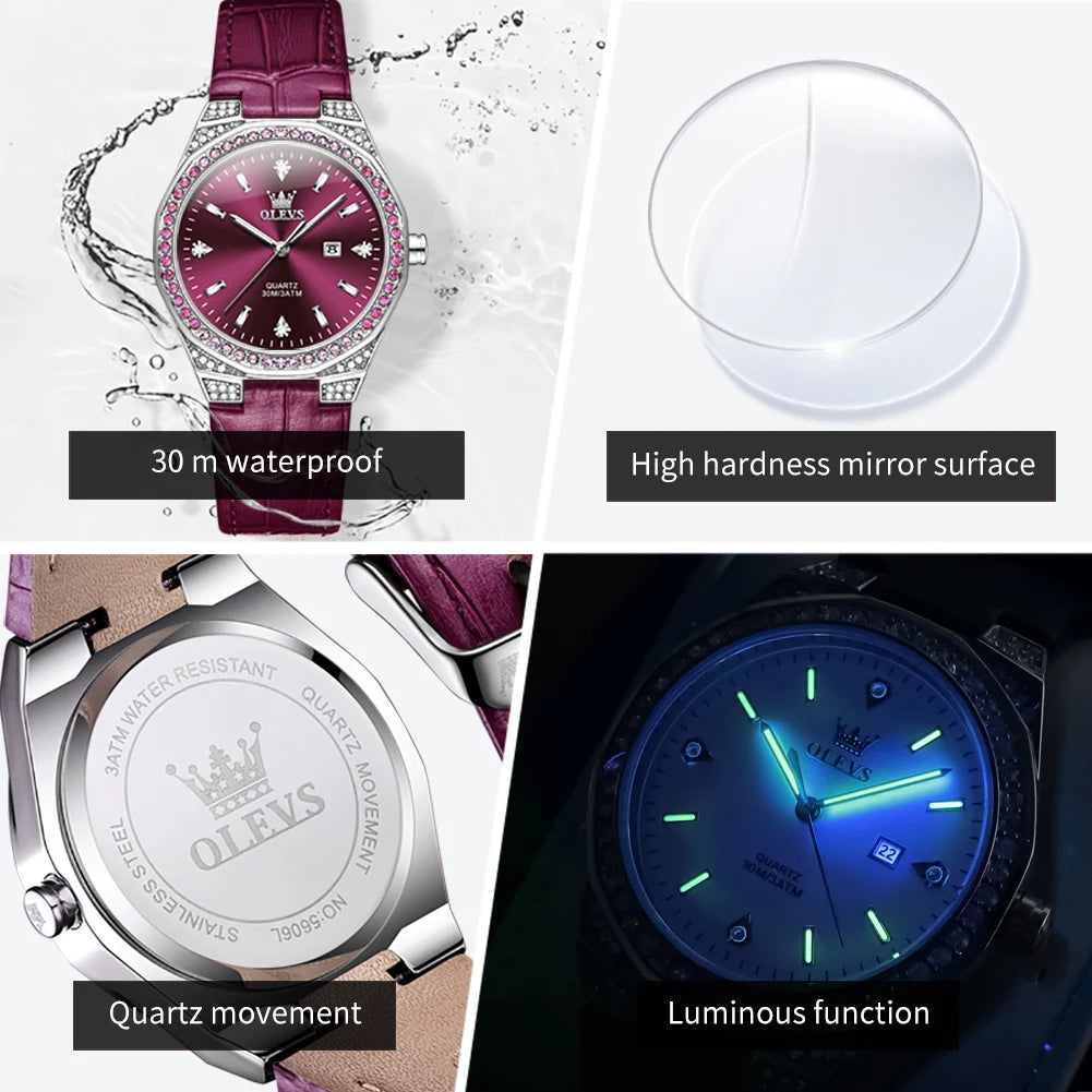 OLEVS Original femmes montres diamant tour mode bracelet en cuir 3m étanche lumineux dames montre-bracelet montre à Quartz pour les femmes