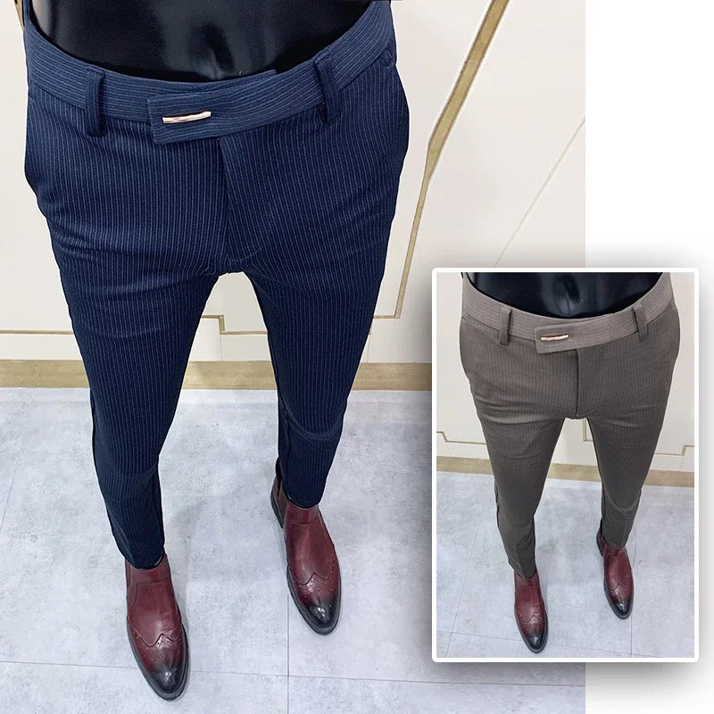 Mode rayé costume pantalon hommes coupe ajustée cheville serrée pantalon Social hommes bureau fête pantalon hommes affaires coupe ajustée robe pantalon
