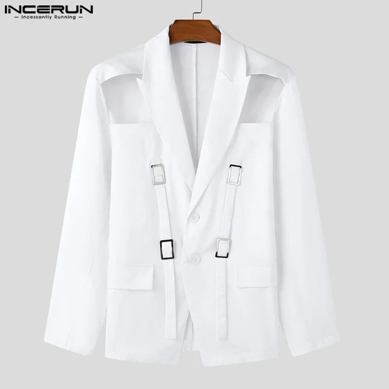 Blazers à lacets monochromes à manches longues pour hommes, conception de bouton creux, streetwear décontracté, mode de style américain, Y-2025