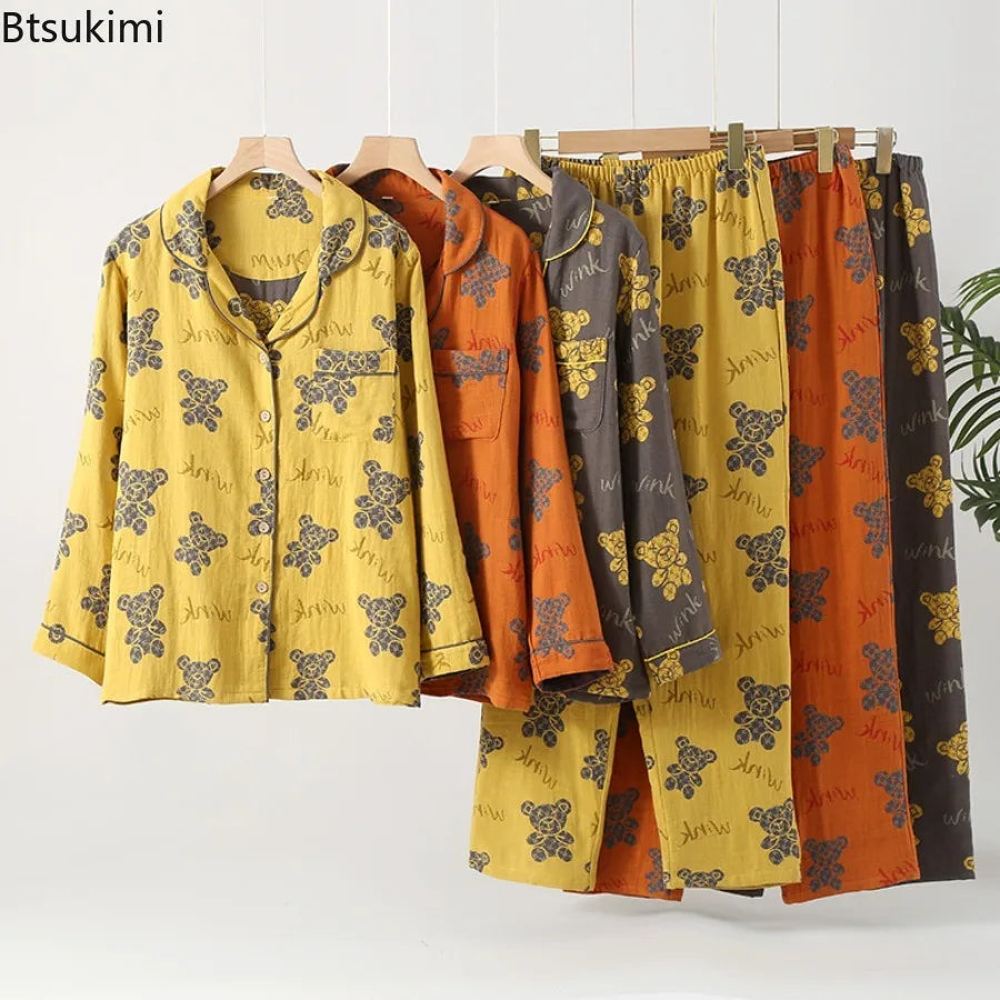 Pyjama rétro Double couche en pur coton pour femmes, ensemble deux pièces à manches longues, vêtements de maison, vêtements de nuit nouvelle collection 2026