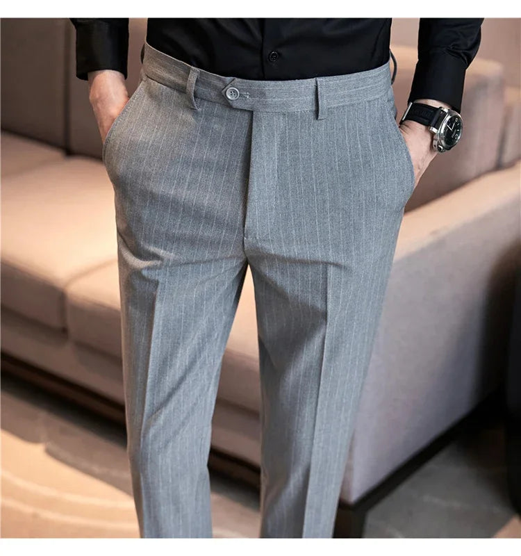 Pantalons décontractés à rayures noires pour hommes, trempés, vêtements de cérémonie pour hommes, robe de mariée, style britannique, affaires, boutique, qualité fjQuality