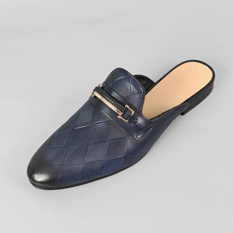 Mules plates pour hommes, pantoufles à enfiler en cuir de vache véritable, mocassins de luxe à motif Gerling, demi-chaussures fermées à bout pointu