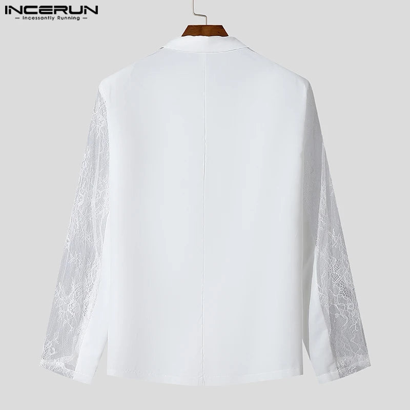Mode Style décontracté hauts INCERUN nouveaux hommes Perspective dentelle épissage conception costume manteaux mâle solide à manches longues Blazer S-5XL 2024