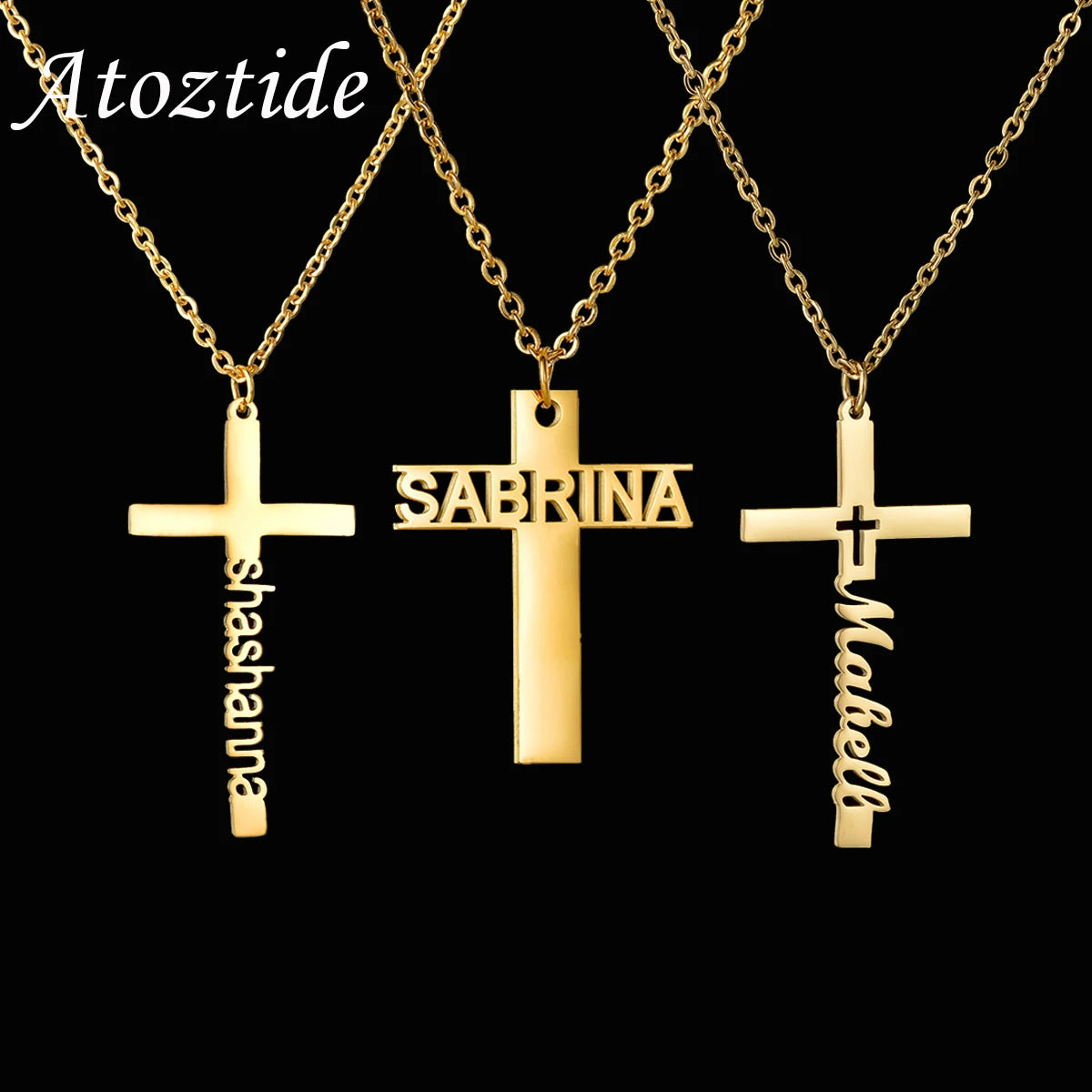 collier personnalisé avec nom et croix en acier inoxydable pour femmes et hommes, pendentif en Zircon, bijoux à la mode, cadeau d'anniversaire