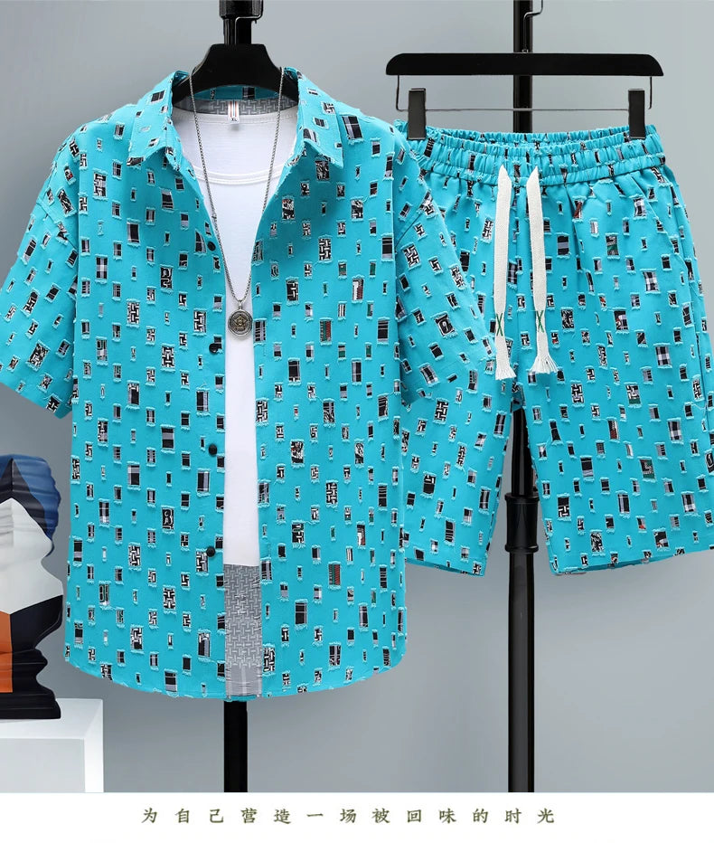Ensemble survêtement hommes 2 pieces chemise Shorts Harajuku +Streetwear surdimensionné