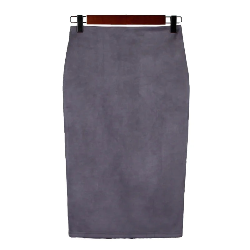 Jupe crayon taille haute moulante pour femme Vintage daim fendu épais extensible couleur unie
