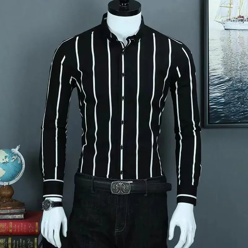 Chemise habillée classique à rayures pour hommes, chemises d'affaires à manches longues, coupe cintrée, grande taille M-5XL