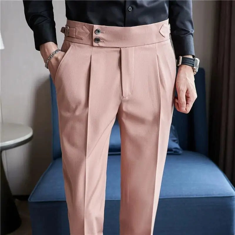 Style britannique hommes taille haute tenue décontractée pantalon hommes ceinture conception mince pantalon formel bureau Social robe de soirée de mariage costume pantalon