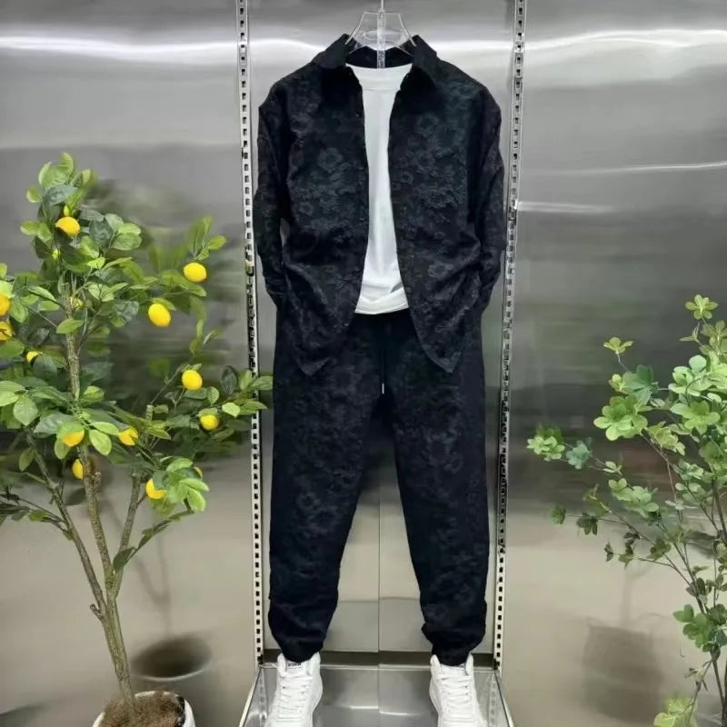 Ensemble Veste et pantalon en Jacquard gaufré tridimensionnel pour hommes, mode automne, costume deux pièces pour loisirs et sport