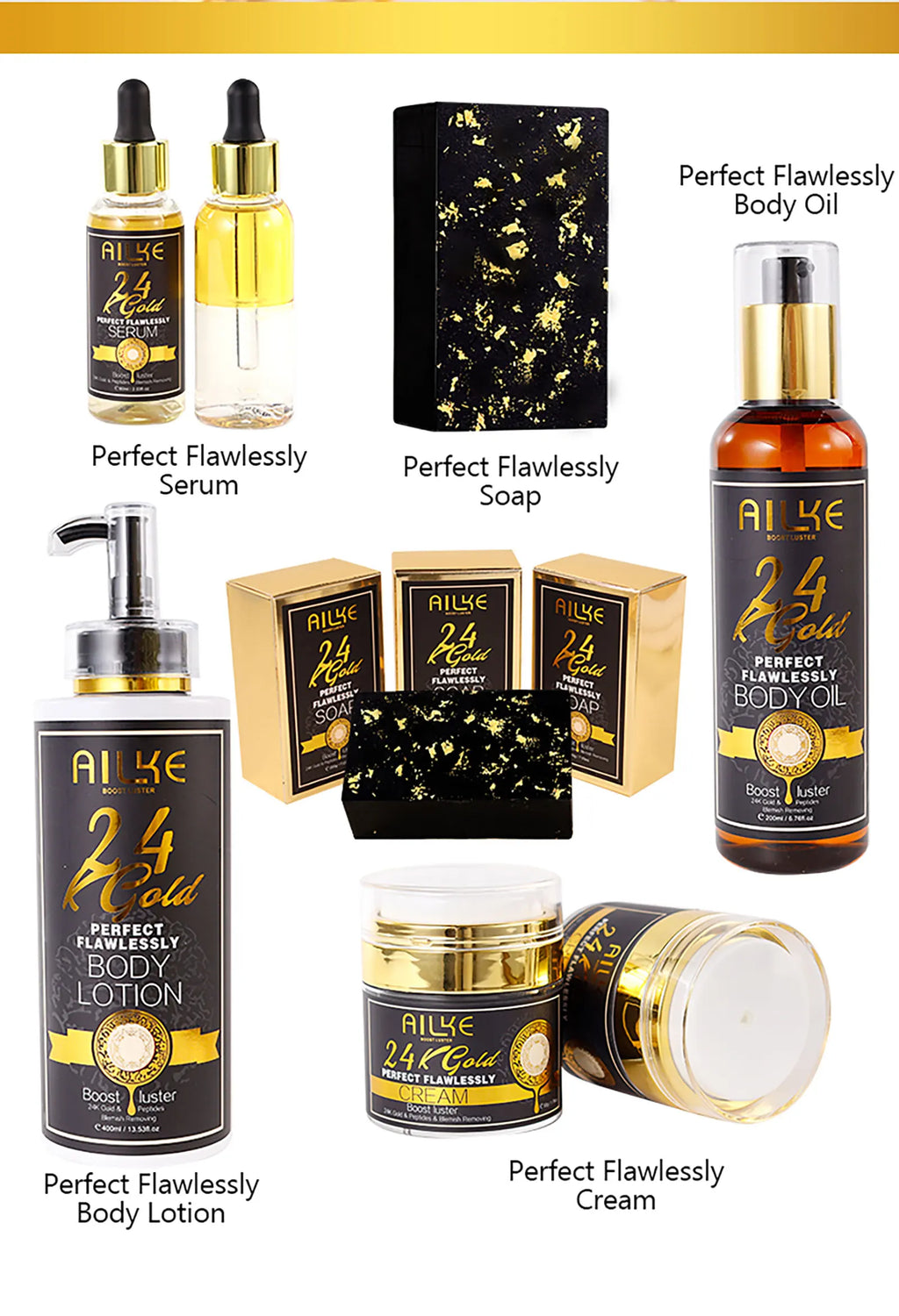 AILKE 24K Glod Gamme de soins pour la peau impeccable, blanchissant la peau, réduit les taches foncées, la mélanine, les rides, hydrate, pour femmes et hommes
