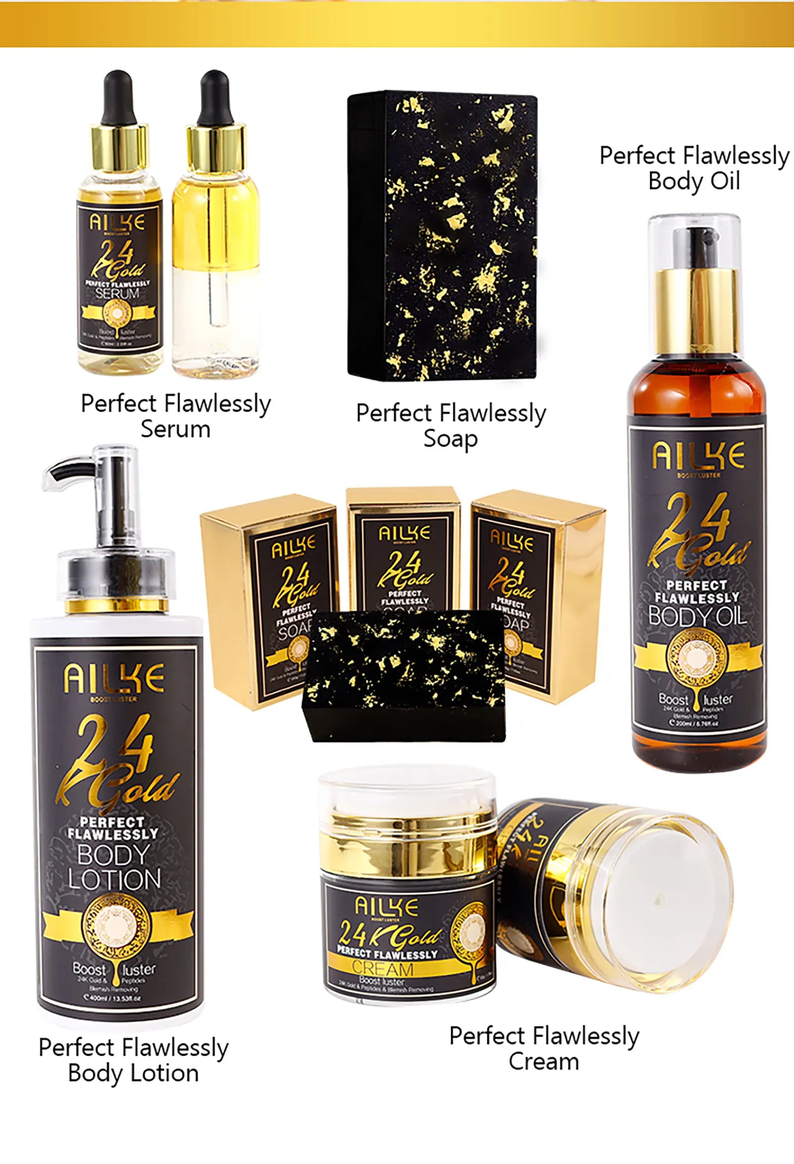 AILKE 24K Glod Gamme de soins pour la peau impeccable, blanchissant la peau, réduit les taches foncées, la mélanine, les rides, hydrate, pour femmes et hommes