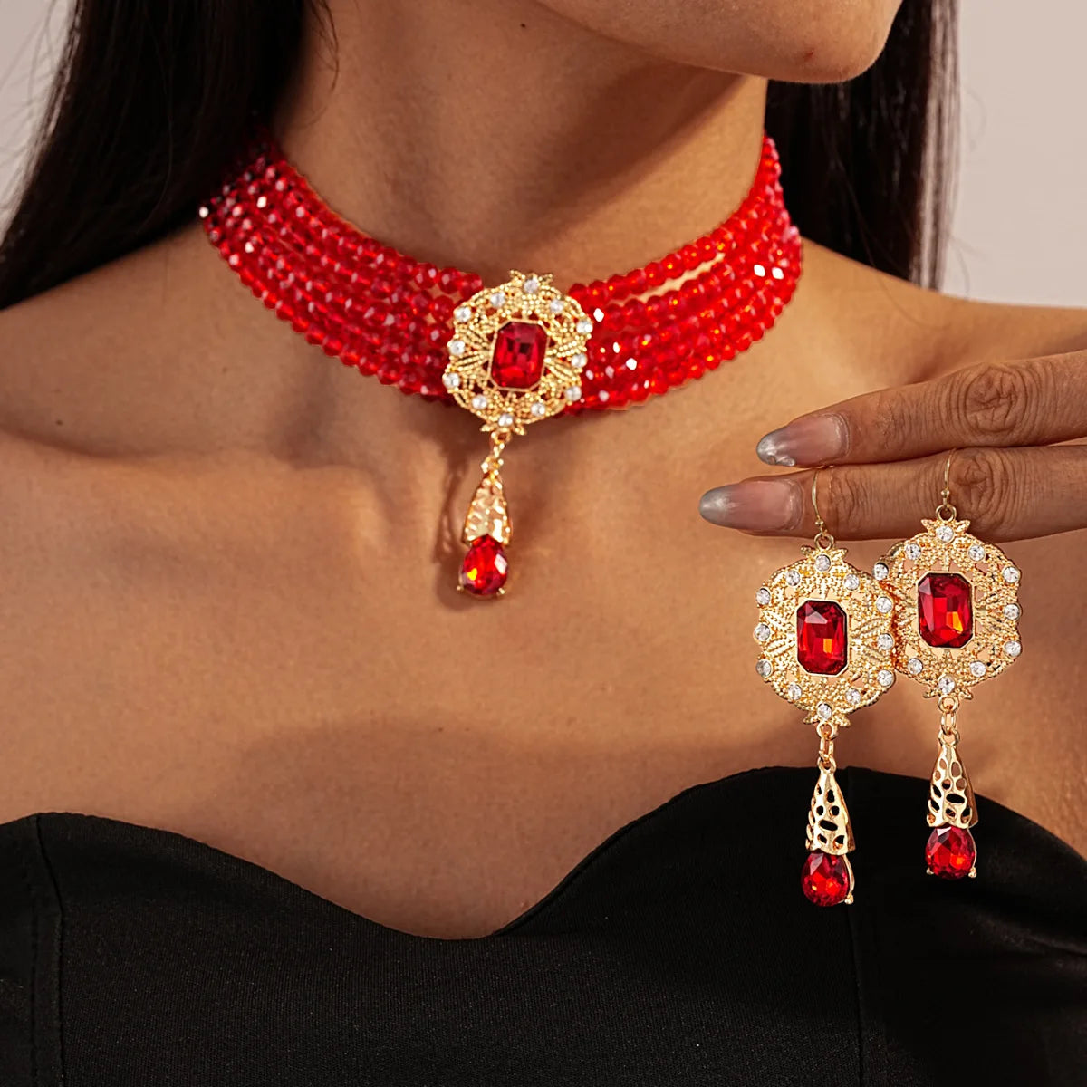 Collier multicouche Vintage en cristal vert rouge bleu noir, boucles d'oreilles géométriques en alliage creux pour femmes, ensembles de bijoux de Banquet de mariage