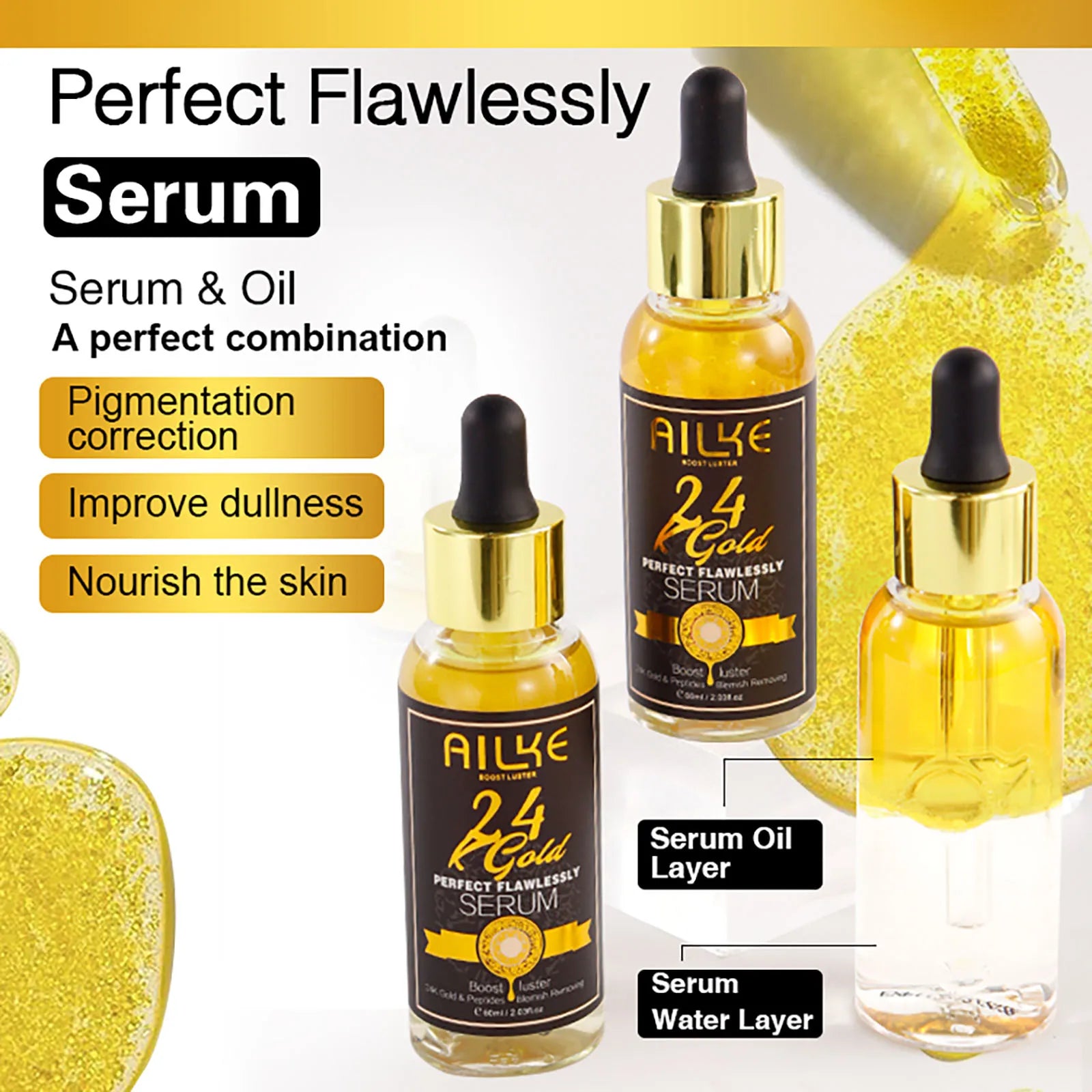 AILKE 24K Glod Gamme de soins pour la peau impeccable, blanchissant la peau, réduit les taches foncées, la mélanine, les rides, hydrate, pour femmes et hommes