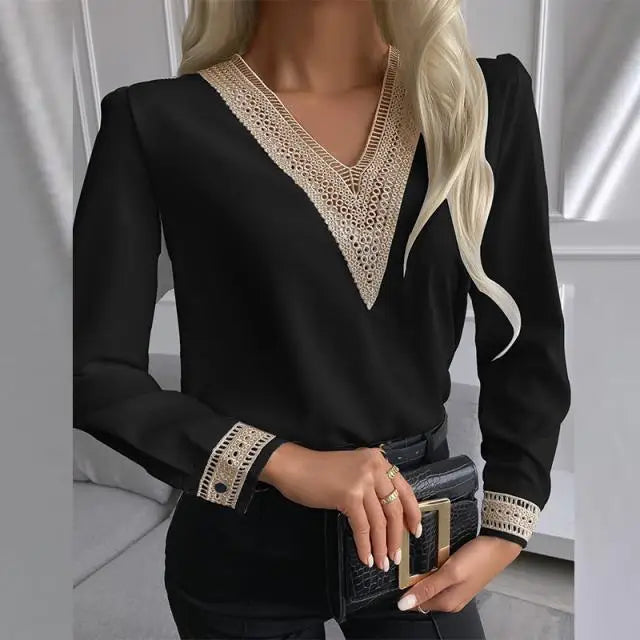 Chemise élégante en dentelle pour femmes, col en v, mode automne décontractée, bureau, pull blanc, manches longues, chemise ample pour dames