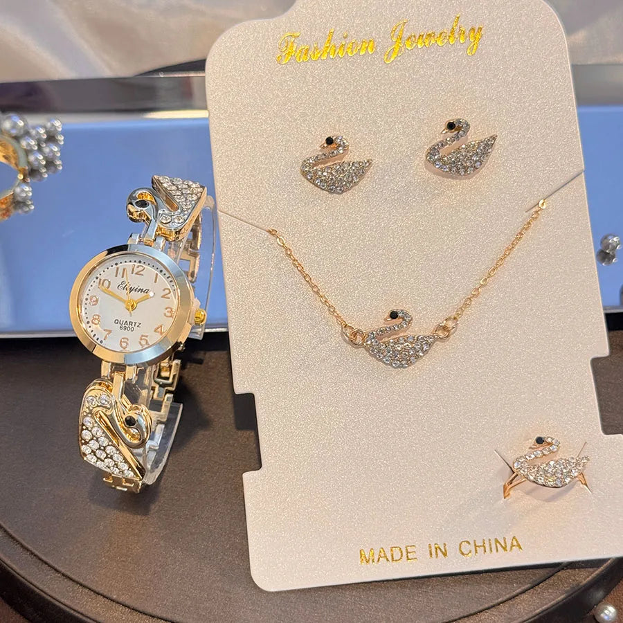Ensemble Montre de luxe en diamant incrusté de perles pour femmes, cadeau pour femmes, collier, boucles d'oreilles, bague, montre-bracelet élégante, Suite de quatre pièces