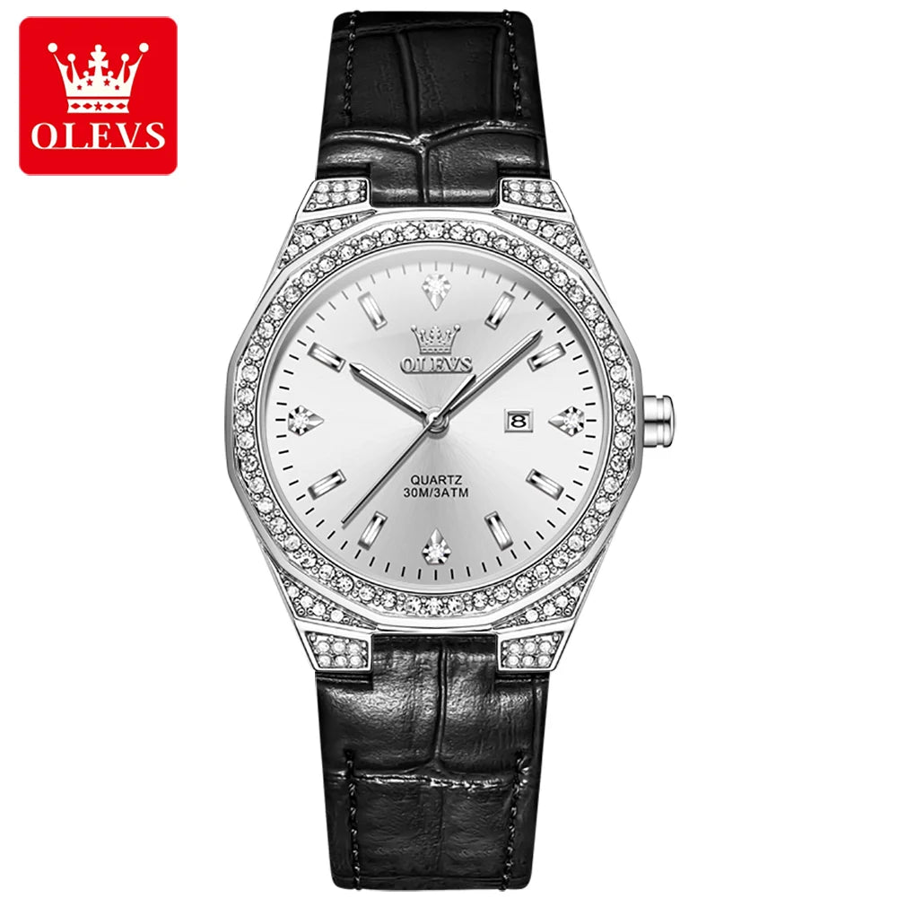 OLEVS Original femmes montres diamant tour mode bracelet en cuir 3m étanche lumineux dames montre-bracelet montre à Quartz pour les femmes