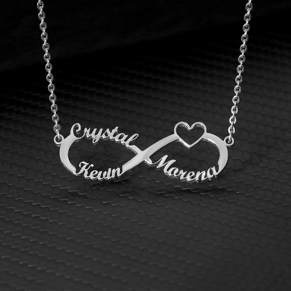 Colliers infini personnalisés à Double cœur et deux noms pour femmes, pendentif en acier inoxydable, bijoux personnalisés, cadeau
