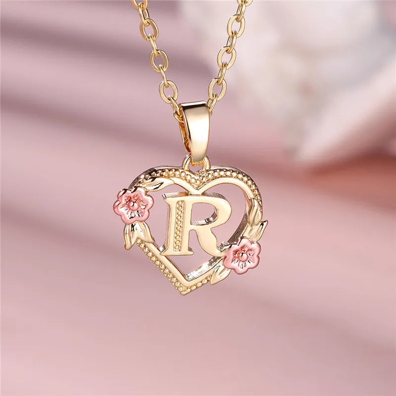 Collier pendentif fleur lettre A-Z pour femmes, couleur or jaune, bijoux de mariage, cadeau pour femmes