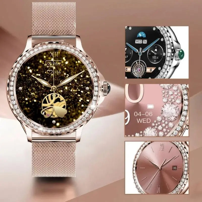Montre intelligente diamant femme bracelet en métal 1.3 pouces écran HD appels Bluetooth moniteur de santé décoration de mode montre-bracelet