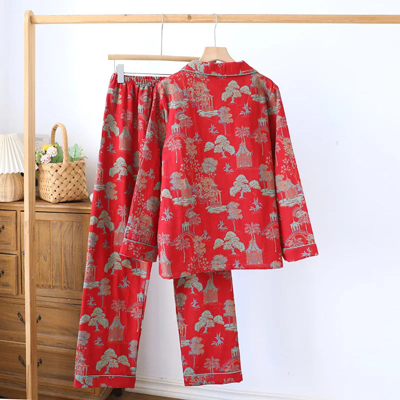 Ensemble pyjama en coton Jacquard pour femmes, couleur rétro, vêtements de maison tissés, manches longues, printemps et automne