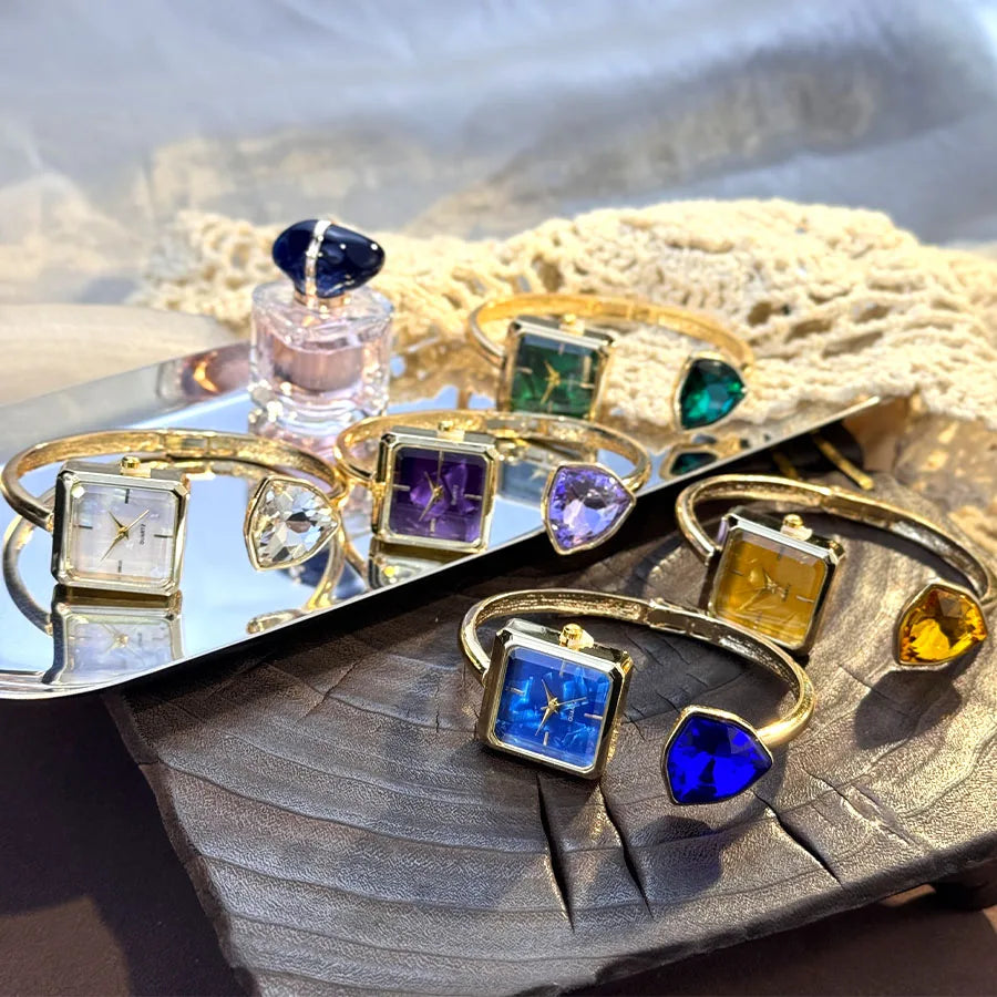 Nouvelle montre-Bracelet ouvert pour femme, forme assortie, couleur diamant, pierres précieuses, montre-Bracelet à Quartz haut de gamme, montre élégante pour paresseux