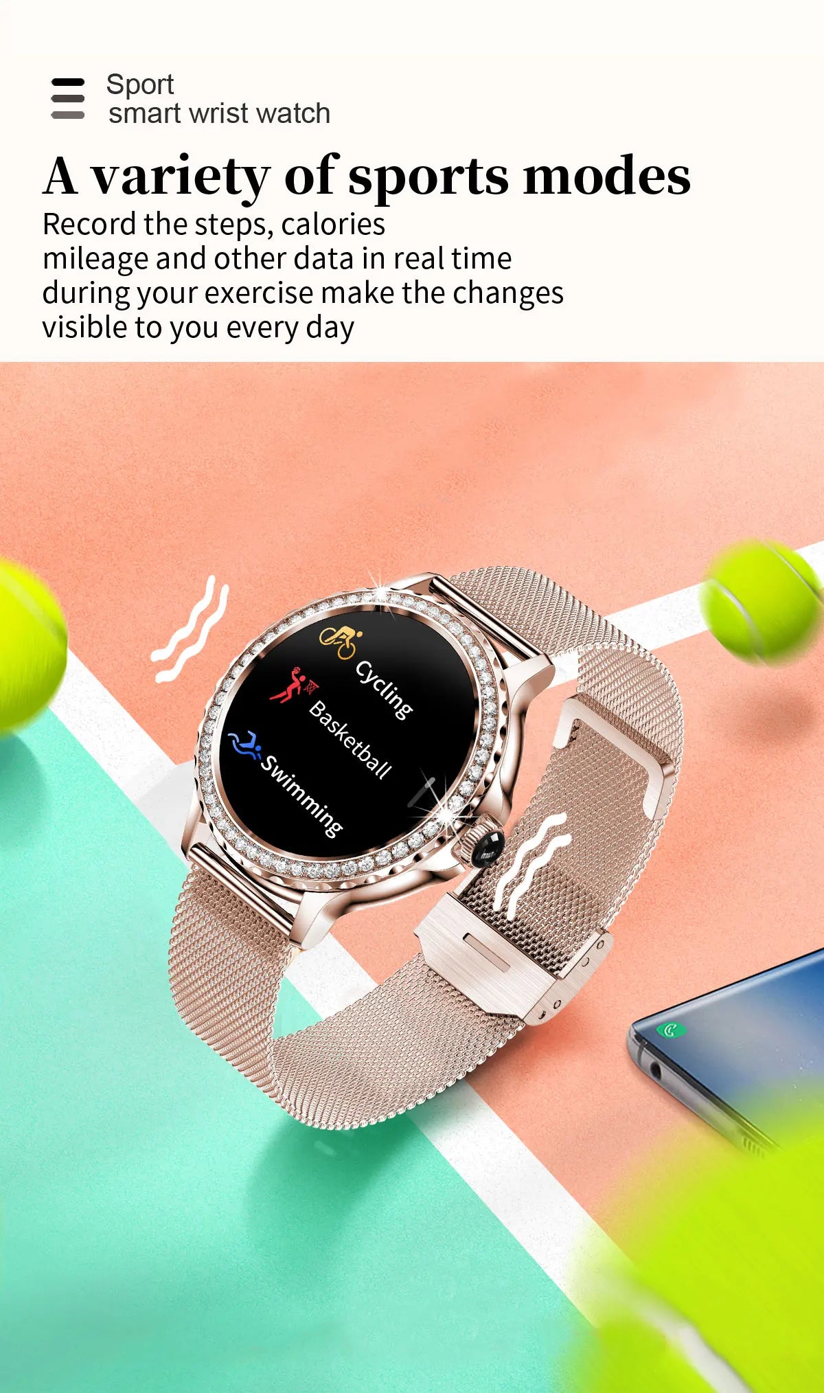 Montre intelligente diamant femme bracelet en métal 1.3 pouces écran HD appels Bluetooth moniteur de santé décoration de mode montre-bracelet