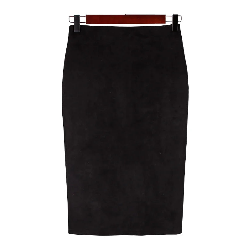Jupe crayon taille haute moulante pour femme Vintage daim fendu épais extensible couleur unie