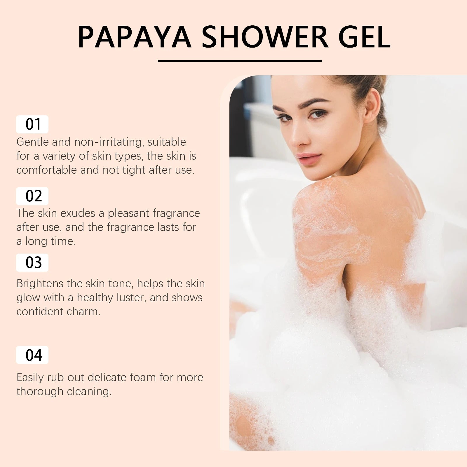 Gel douche blanchissant au papaye, exfoliant, estompe, Pigmentation, arôme durable, huile de contrôle rafraîchissante, mousse riche, lavage du corps