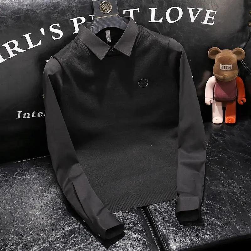 Chemise polo nouveau style faux deux pièces épissé hommes à la mode brodé col de chemise coupe ajustée haut de gamme hommes