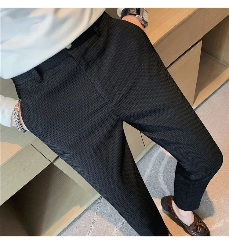 Pantalon de costume à carreaux pour hommes, tendance, haut de gamme, amincissant, décontracté, Business, jambes droites, pour l'été, léger et respirant