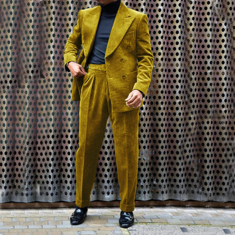 Ensemble Veste et pantalon en velours côtelé pour hommes, tenue de mariage décontractée, double boutonnage, revers Entièrement trempé, 2 pièces